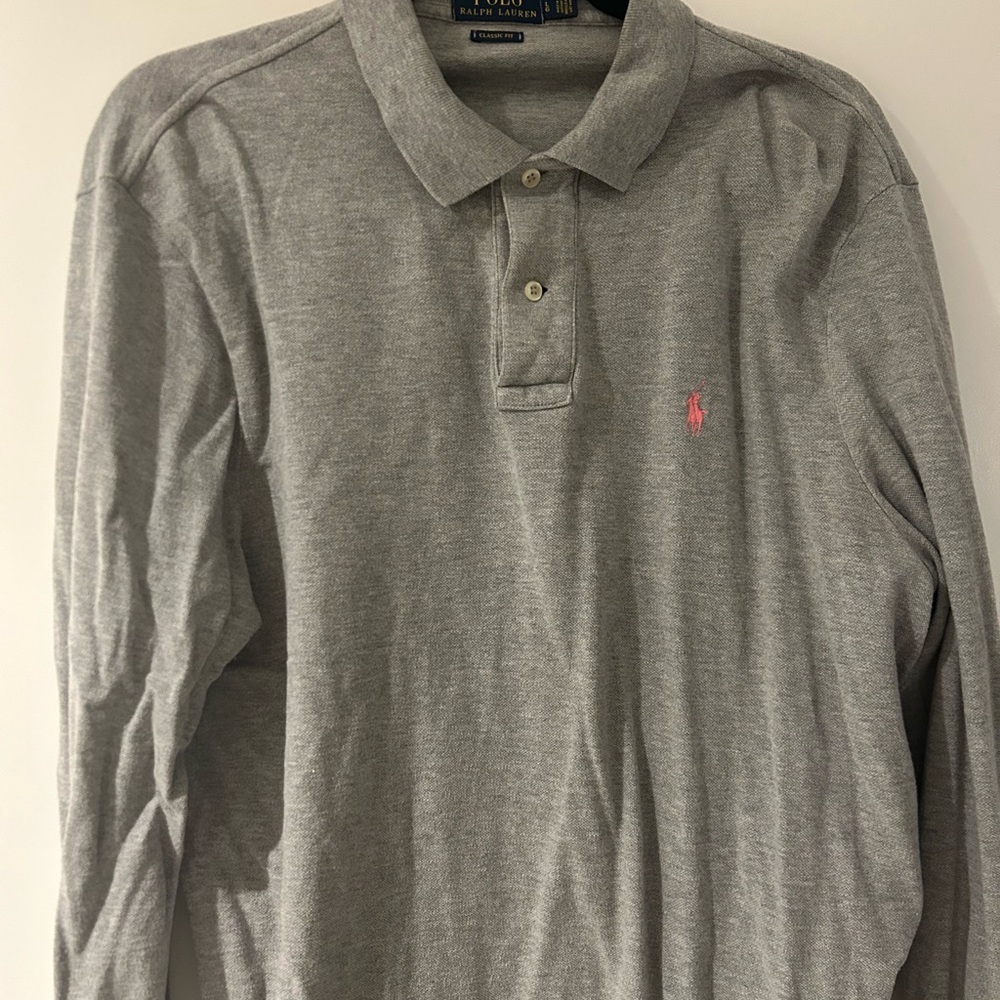 Ralph Lauren Heather Gray Long Sleeve Polo with Pink Logo